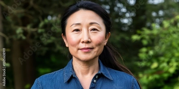Fototapeta A woman wears a denim shirt and stands confidently outdoors with trees and greenery in the background