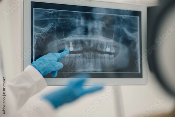 Fototapeta Dentist pointing at teeth x ray on computer screen discussing diagnosis