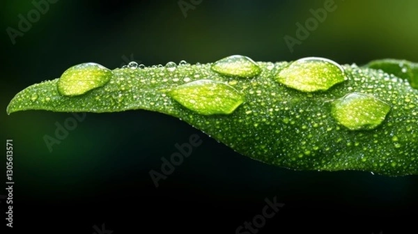 Fototapeta Close-up of a leaf with dew droplets on a dark background. Generative AI