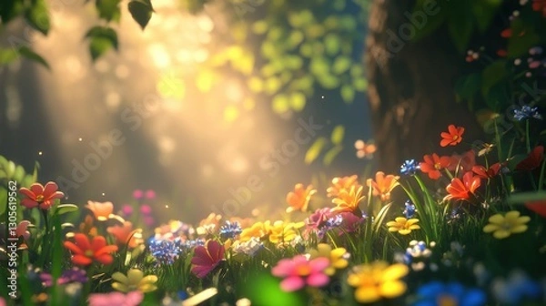 Fototapeta Beautiful colorful wild flowers in deep foggy forest with sun light in Spring.