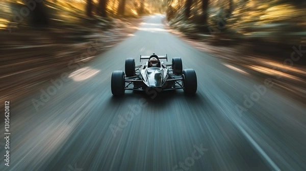 Fototapeta Race Car Speeding Through Wooded Forest Road