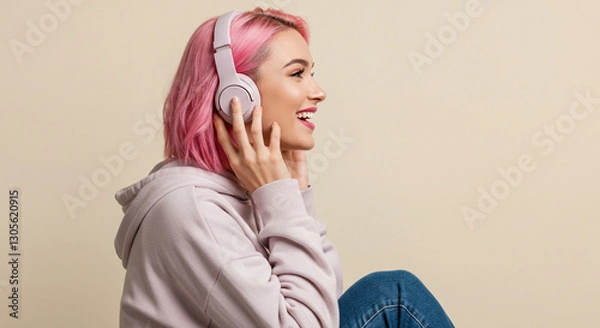 Fototapeta Vista de perto jovem divertida mulher feliz com cabelo tingido de rosa bebê vestindo roupas casuais com capuz ouvir música em fones de ouvido isolados no retrato de estúdio de fundo creme liso.