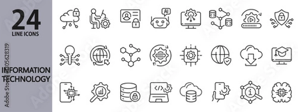 Fototapeta Information Technology line icons set with IT, Cybersecurity, Artificial Intelligence, Computing, Big Data, Cloud, Analytics and more. Editable Stroke