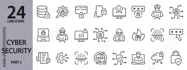 Obraz Cybersecurity line icons set with Security, Cyber, Identity, Internet, AI, Hacking, Firewall, Data, Protection, Cyber, Attack, Encryption and more. Editable Stroke