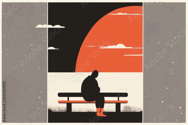 Obraz Loneliness and Depression in Seniors, silhouette of a man sitting alone and sad on a bench by the sea