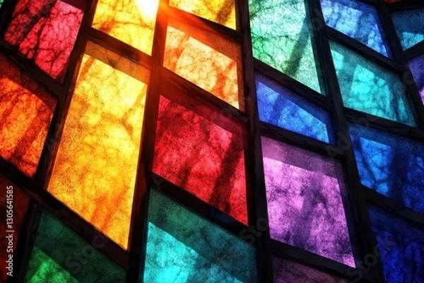 Fototapeta A beautiful colorful stained glass window with sun rays shining