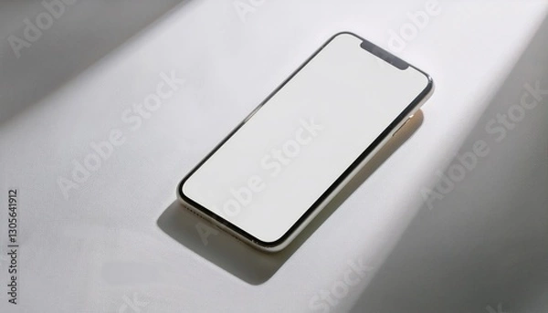 Fototapeta Minimalist smartphone mockup floating above a clean white surface, casting a soft shadow for a modern, sleek, and professional presentation.
