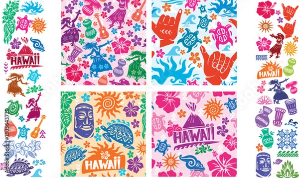Obraz Set of Hawaiian Seamless and elements, Summer Beach decor, perfect for textiles, wrapping paper, fabric prints, stationery, and decorative surfaces