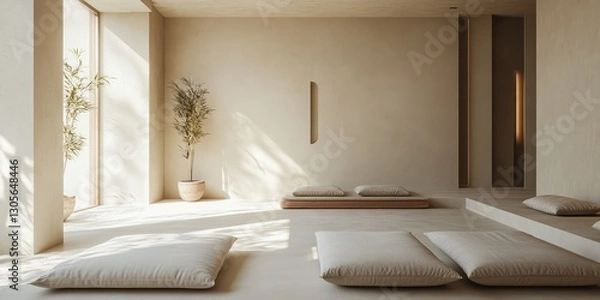 Fototapeta A modern minimalist interior design with natural light and plants