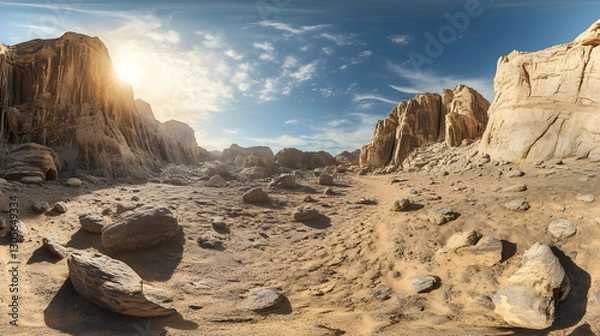 Obraz Desert canyon with stratified rock formations in 360-degree HDRI panorama, equirectangular VR environment