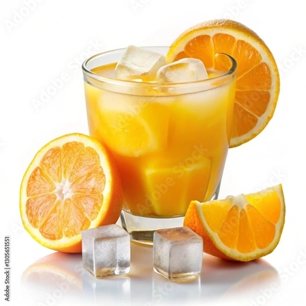 Fototapeta Refreshing glass of orange juice with ice cubes