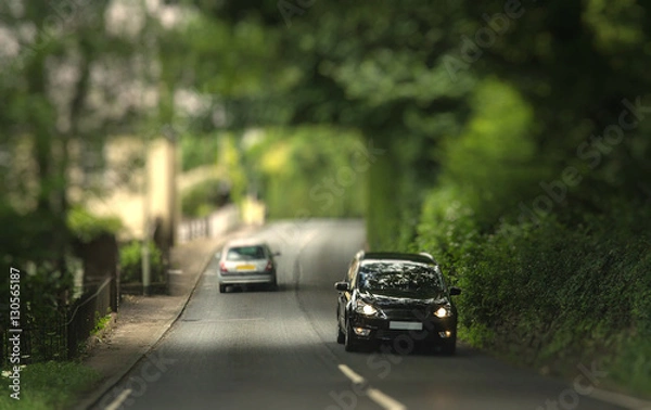 Fototapeta Cars traveling in the tunnel of trees. Typical Devonian road. Miniature Effect.