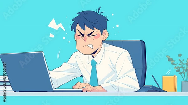 Fototapeta Frustrated office worker struggling with computer issues in a bright, modern workspace