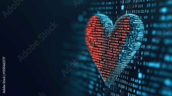 Fototapeta Digital heart shape formed by binary code with a futuristic glow, symbolizing love in technology and data-driven relationships
