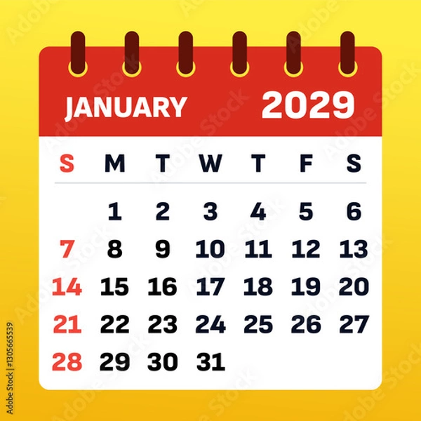 Fototapeta Clean and modern January 2029 calendar template. Perfect for organizing schedules, tracking important dates, and managing daily plans