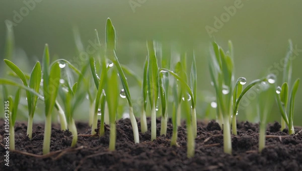 Obraz sprouted wheat sprouts in the ground. drops of moisture. blurred background