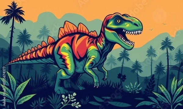 Fototapeta Colorful Dinosaur Dinosaur Roams Lush Prehistoric Jungle with Tall Palm Trees and Bright Orange Sunset in Background Creating Vibrant Illustration