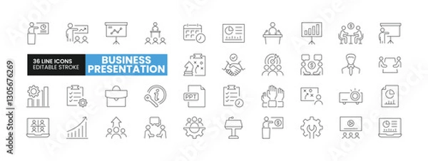 Fototapeta Set of 36 Business Presentation line icons set. Business Presentation outline icons with editable stroke collection. Includes Presentation, Schedule, PPT Presentation, Keynote, Agenda, and More.