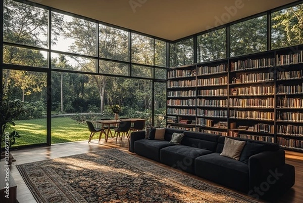 Fototapeta Modern Living Room with Large Windows and Extensive Bookshelves