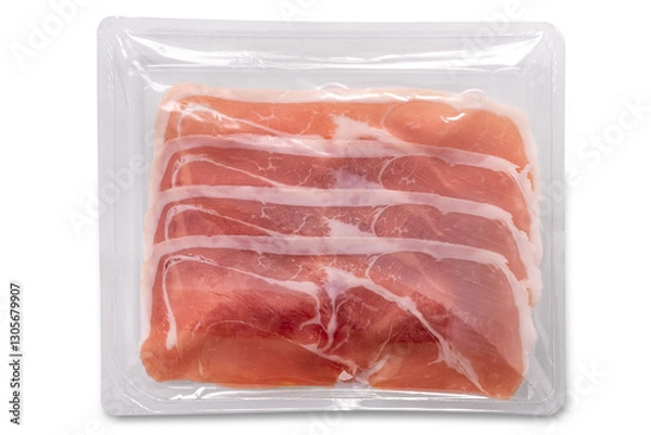 Fototapeta Raw Parma ham slices sealed in clear plastic tray isolated