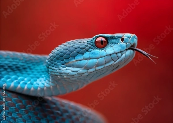 Fototapeta Artistic shot of a blue viper snake against a red background, highlighting its striking appearance.