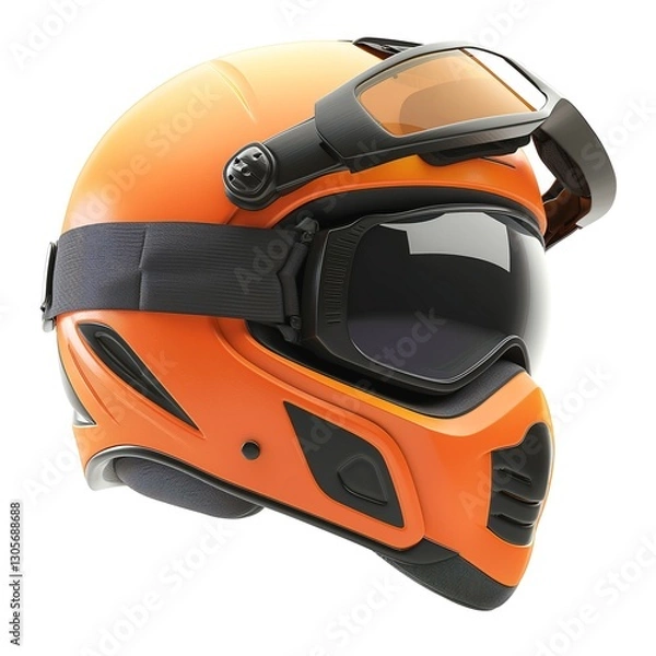 Fototapeta An orange ski helmet with goggles designed for winter sports enthusiasts.