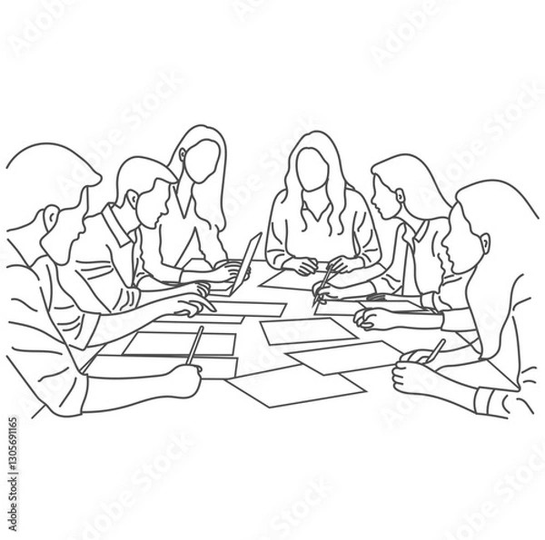 Fototapeta Vector business meeting discussion between the worker. Business training and presentation concept of line art design. continuous line drawing of office workers at a business meeting
