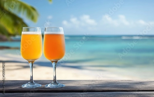 Fototapeta Two glasses of beer on a table with an ocean view in the background.