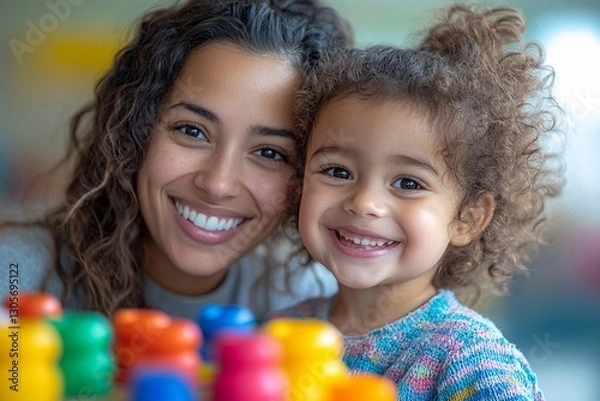 Fototapeta Speech Therapist Working with Child: A speech therapist working with a young child to improve their speech in a therapy room, focusing on language development.

