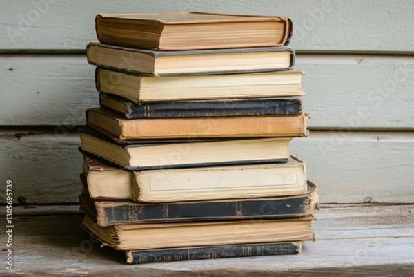 Fototapeta Stacked books on a table create an organized and inviting reading atmosphere.