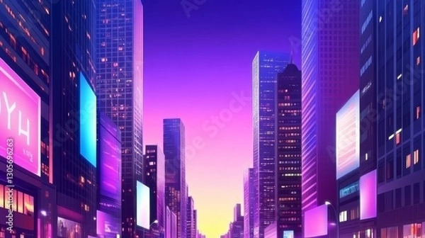 Fototapeta Vibrant cityscape at dusk showcasing skyscrapers and illuminated billboards in a bustling urban environment