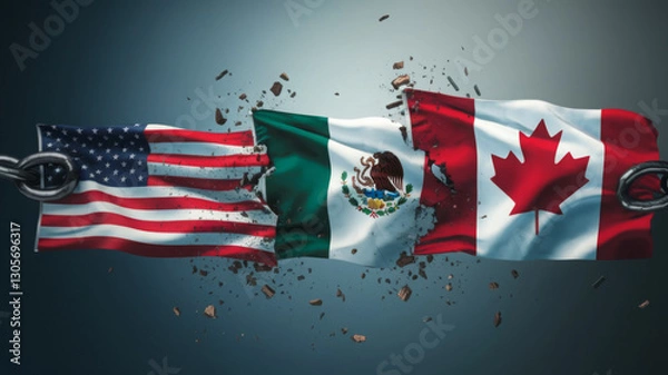 Fototapeta Flags of the usmca members breaking apart, representing the trade war and tariffs between united states, mexico and canada 
