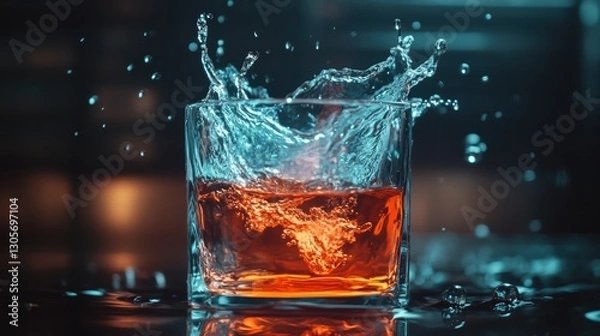 Obraz A glass of water with liquid splashes creating an artistic effect.