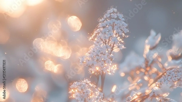 Fototapeta Soft sunlight illuminates delicate white flowers, bokeh background.