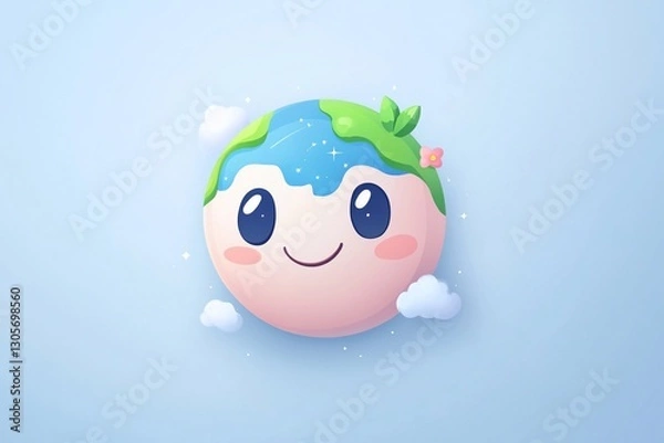 Fototapeta Cute illustrated globe character with smile, greenery, and clouds on a light blue background