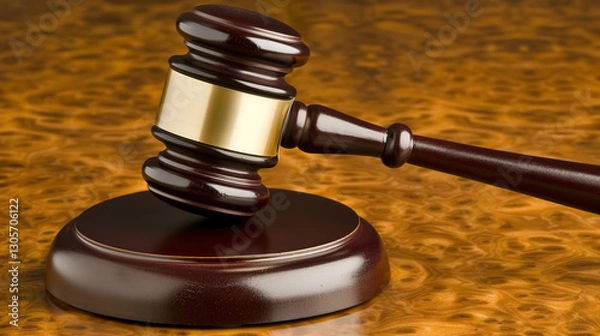 Obraz Close-up of a gavel resting on a wooden desk, symbolizing legal victory, justice, and courtroom decisions. Concept of law, authority, and judicial system in action.