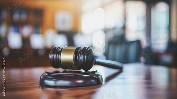 Obraz Close-up of a gavel resting on a wooden desk, symbolizing legal victory, justice, and courtroom decisions. Concept of law, authority, and judicial system in action.