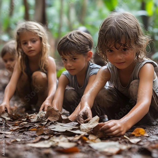 Fototapeta Kids play in dirt in the forest, muddy fun