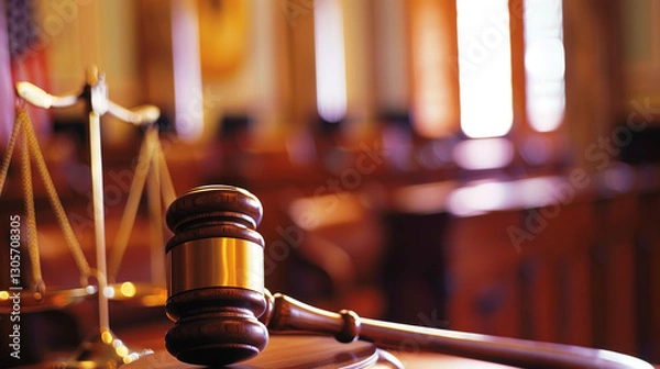 Obraz Close-up of a gavel resting on a wooden desk, symbolizing legal victory, justice, and courtroom decisions. Concept of law, authority, and judicial system in action.
