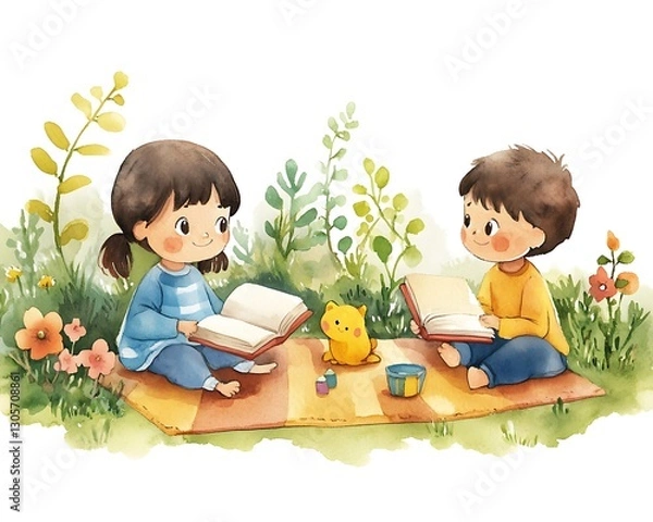 Fototapeta Kids Reading on Blanket in Garden