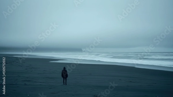 Fototapeta A person strolls along a beach, surfboard in hand, with a scenic view in the background.