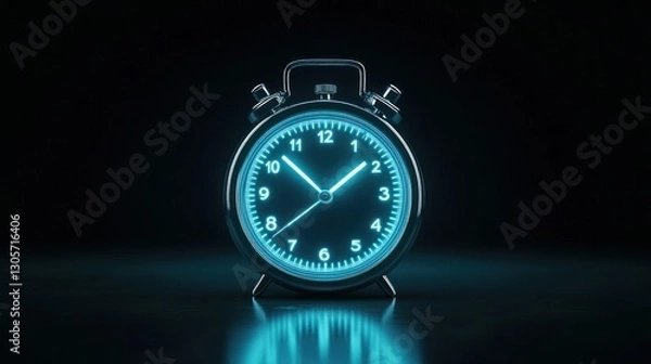 Fototapeta Glowing Cyan Alarm Clock in the Dark