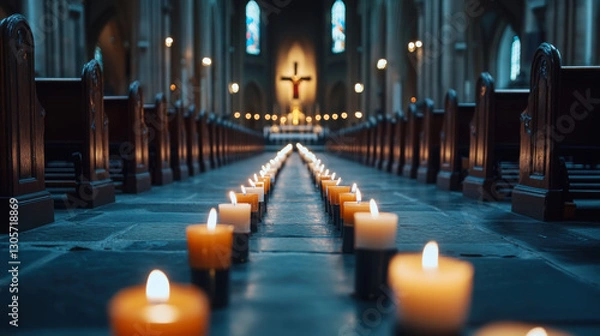 Fototapeta Candles illuminating peaceful cathedral aisle with cross in background