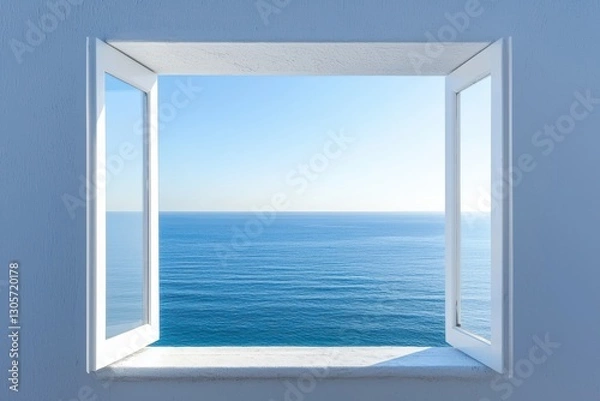 Fototapeta Peaceful coastal view from a white-framed window offering a serene escape to ocean tranquility