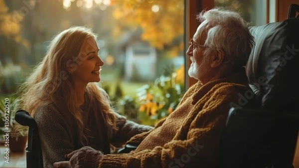Fototapeta A social worker engages warmly with a disabled person, providing emotional support and companionship. The setting offers a cozy atmosphere enhanced by soft, natural light