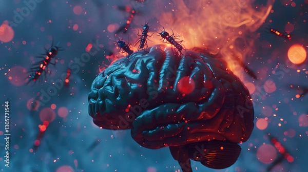 Obraz Close-up of a human brain with glowing microscopic parasites crawling on its surface, symbolizing infection and disease, representing medical and scientific concepts.