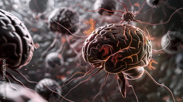 Obraz Close-up of a human brain with glowing microscopic parasites crawling on its surface, symbolizing infection and disease, representing medical and scientific concepts.