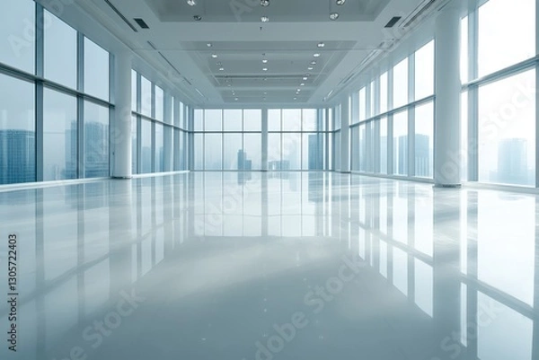 Fototapeta Spacious modern office interior with large windows and city skyline view during daytime