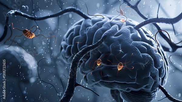 Obraz Close-up of a human brain with glowing microscopic parasites crawling on its surface, symbolizing infection and disease, representing medical and scientific concepts.