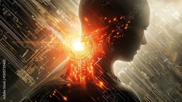 Fototapeta Futuristic cyborg profile with glowing internal circuitry and digital background.